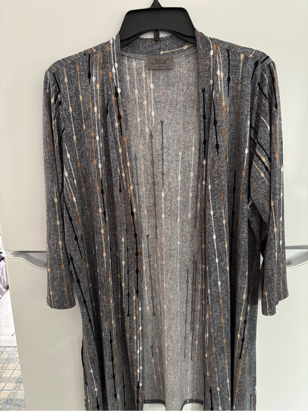 Gray Open-Front Cardigan with Metallic Stripe Detail